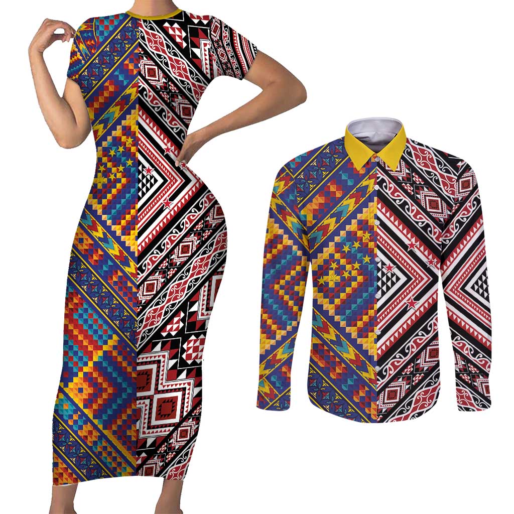 Tuvaluan and New Zealand Culture Couples Matching Short Sleeve Bodycon Dress and Long Sleeve Button Shirt The Art of Kolose and Taniko - Polynesian Pride