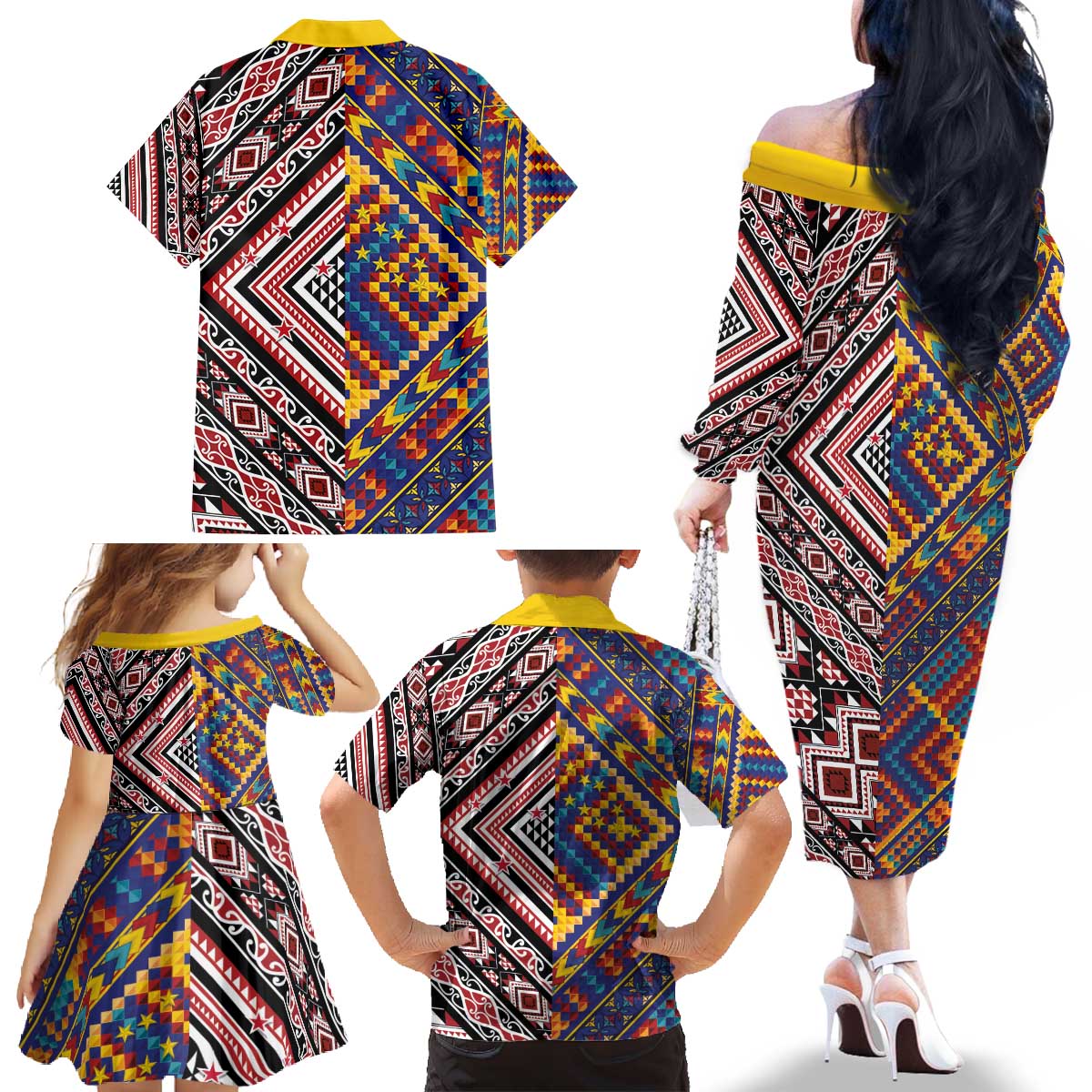Tuvaluan and New Zealand Culture Family Matching Off The Shoulder Long Sleeve Dress and Hawaiian Shirt The Art of Kolose and Taniko - Polynesian Pride