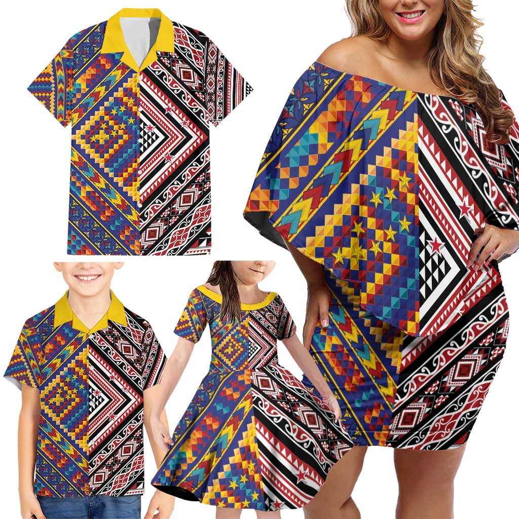 Tuvaluan and New Zealand Culture Family Matching Off Shoulder Short Dress and Hawaiian Shirt The Art of Kolose and Taniko - Polynesian Pride