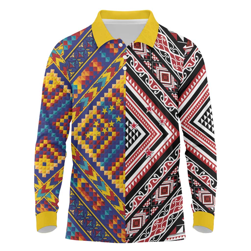 Tuvaluan and New Zealand Culture Long Sleeve Polo Shirt The Art of Kolose and Taniko - Polynesian Pride