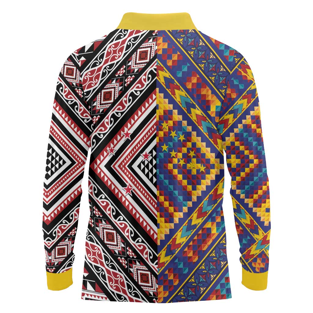 Tuvaluan and New Zealand Culture Long Sleeve Polo Shirt The Art of Kolose and Taniko - Polynesian Pride