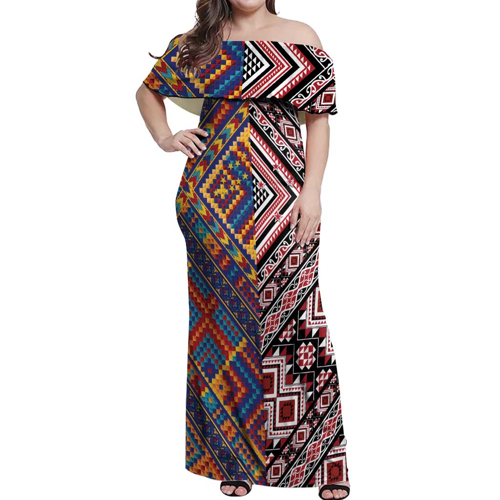Tuvaluan and New Zealand Culture Off Shoulder Maxi Dress The Art of Kolose and Taniko - Polynesian Pride
