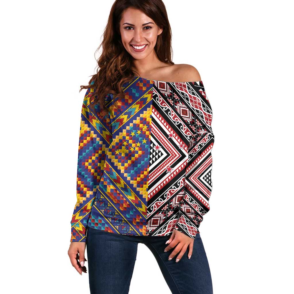 Tuvaluan and New Zealand Culture Off Shoulder Sweater The Art of Kolose and Taniko - Polynesian Pride