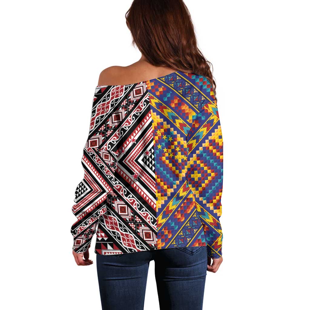 Tuvaluan and New Zealand Culture Off Shoulder Sweater The Art of Kolose and Taniko - Polynesian Pride