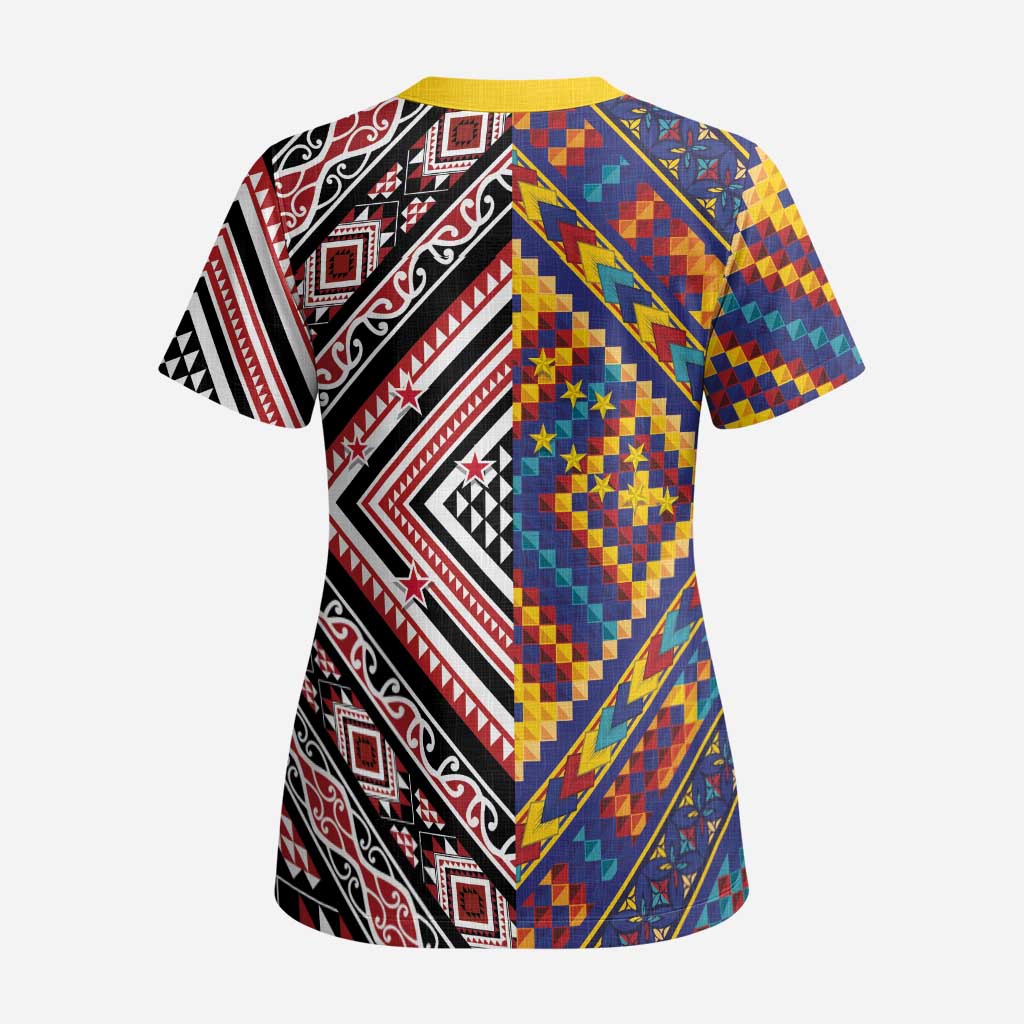 Tuvaluan and New Zealand Culture Scrub Top The Art of Kolose and Taniko - Polynesian Pride