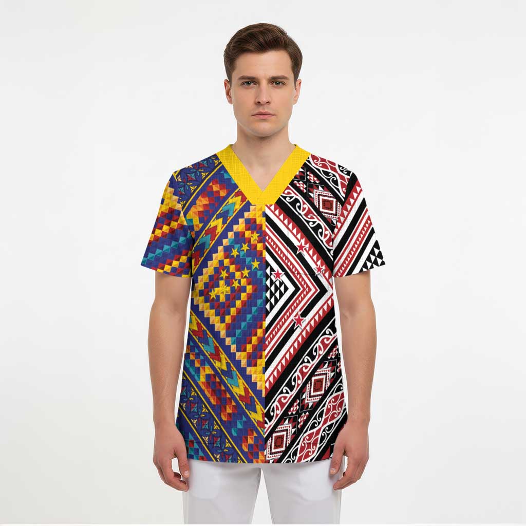 Tuvaluan and New Zealand Culture Scrub Top The Art of Kolose and Taniko - Polynesian Pride