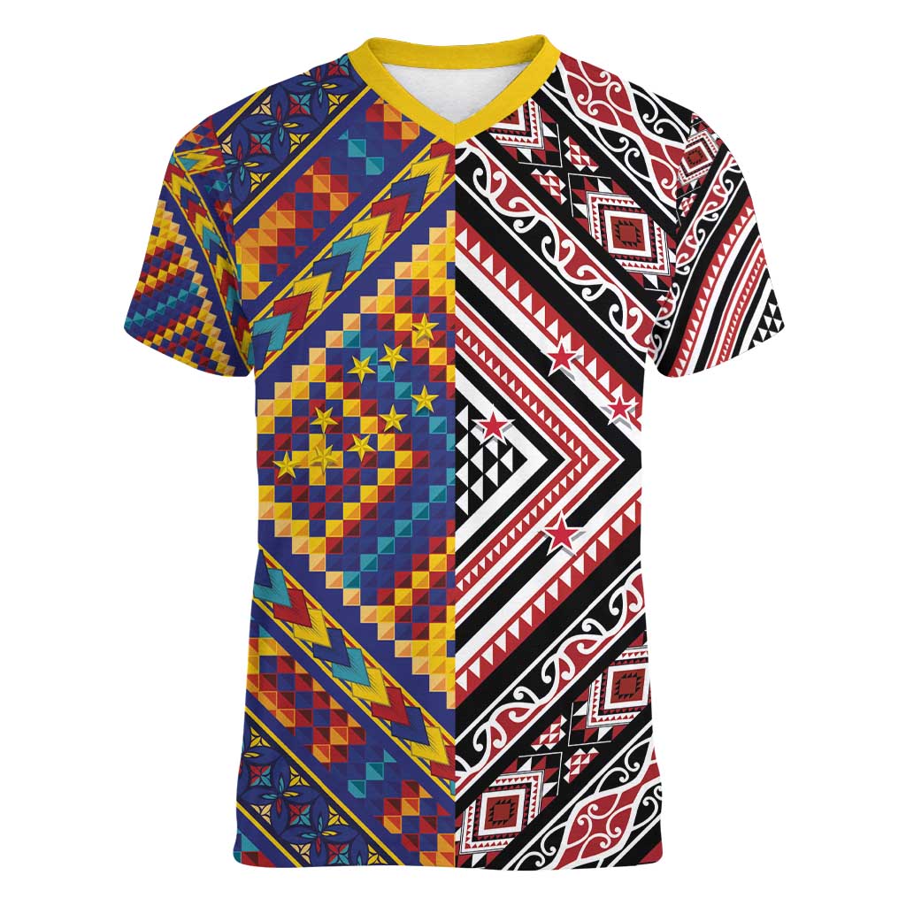 Tuvaluan and New Zealand Culture Women V-Neck T-Shirt The Art of Kolose and Taniko - Polynesian Pride
