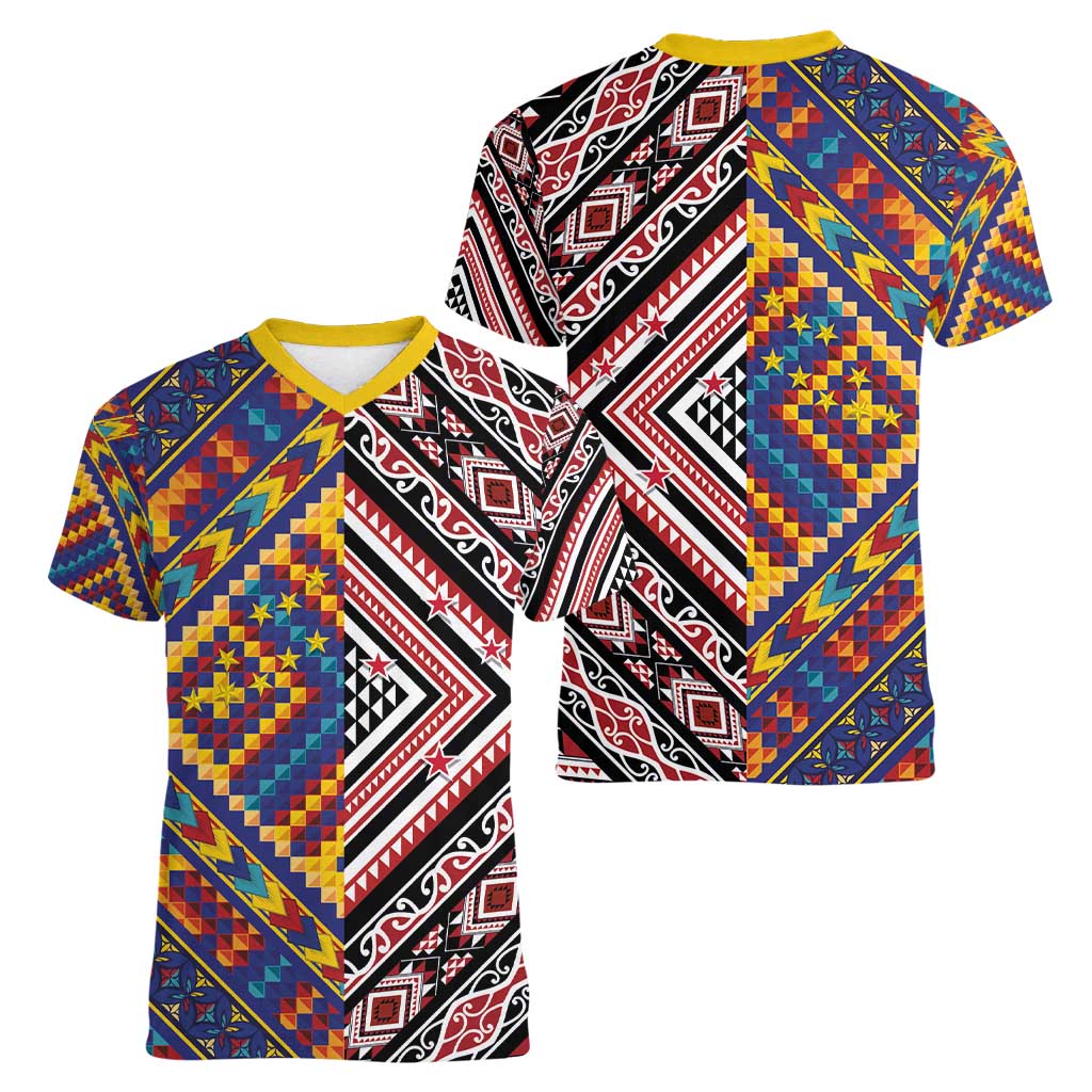 Tuvaluan and New Zealand Culture Women V-Neck T-Shirt The Art of Kolose and Taniko - Polynesian Pride