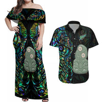 New Zealand Couples Matching Off Shoulder Maxi Dress and Hawaiian Shirt Silver Fern and Hei Tiki with Papua Shell Maori Tribal LT03 Black - Polynesian Pride