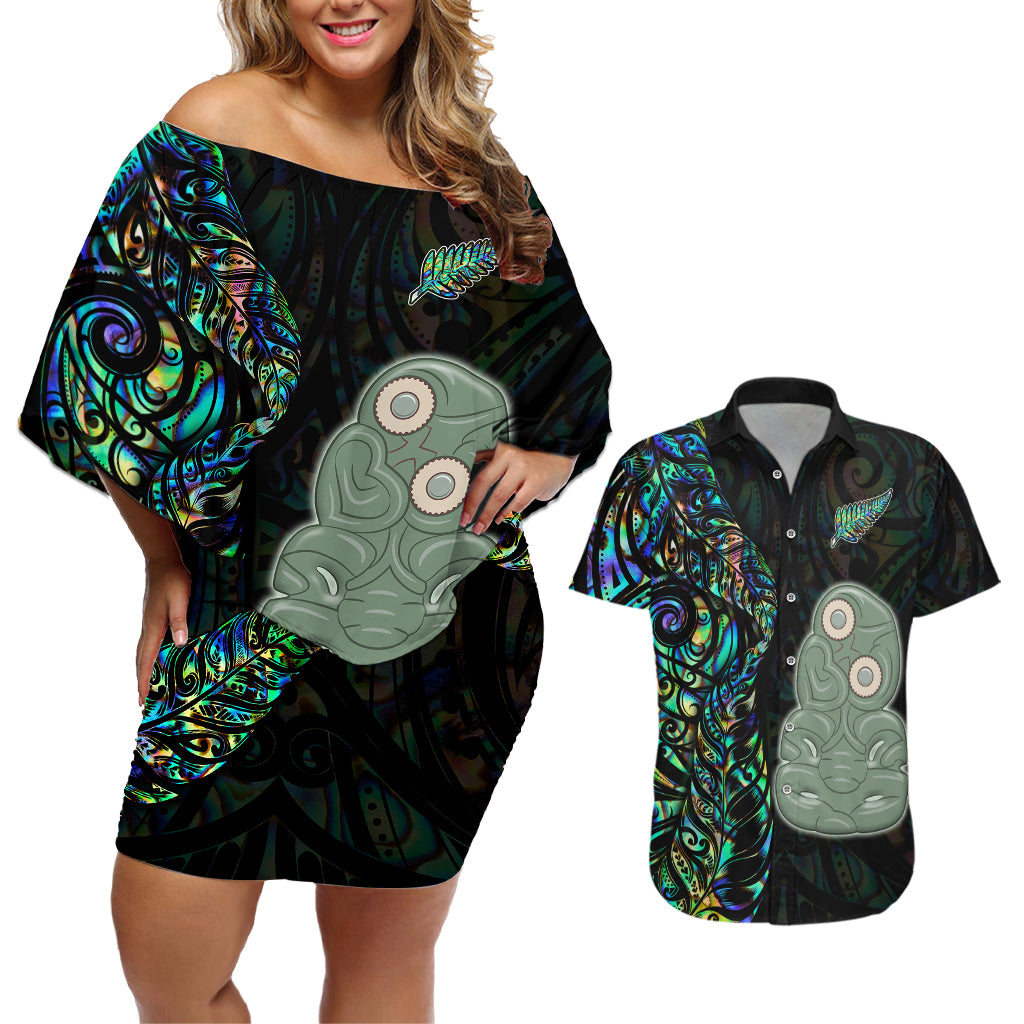 New Zealand Couples Matching Off Shoulder Short Dress and Hawaiian Shirt Silver Fern and Hei Tiki with Papua Shell Maori Tribal LT03 Black - Polynesian Pride