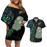 New Zealand Couples Matching Off Shoulder Short Dress and Hawaiian Shirt Silver Fern and Hei Tiki with Papua Shell Maori Tribal LT03 Black - Polynesian Pride