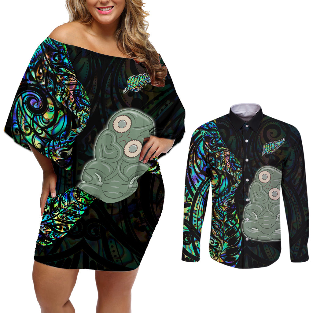 New Zealand Couples Matching Off Shoulder Short Dress and Long Sleeve Button Shirts Silver Fern and Hei Tiki with Papua Shell Maori Tribal LT03 Black - Polynesian Pride
