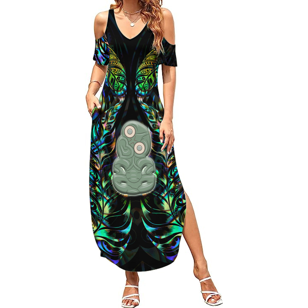 New Zealand Summer Maxi Dress Silver Fern and Hei Tiki with Papua Shell Maori Tribal LT03 Women Black - Polynesian Pride