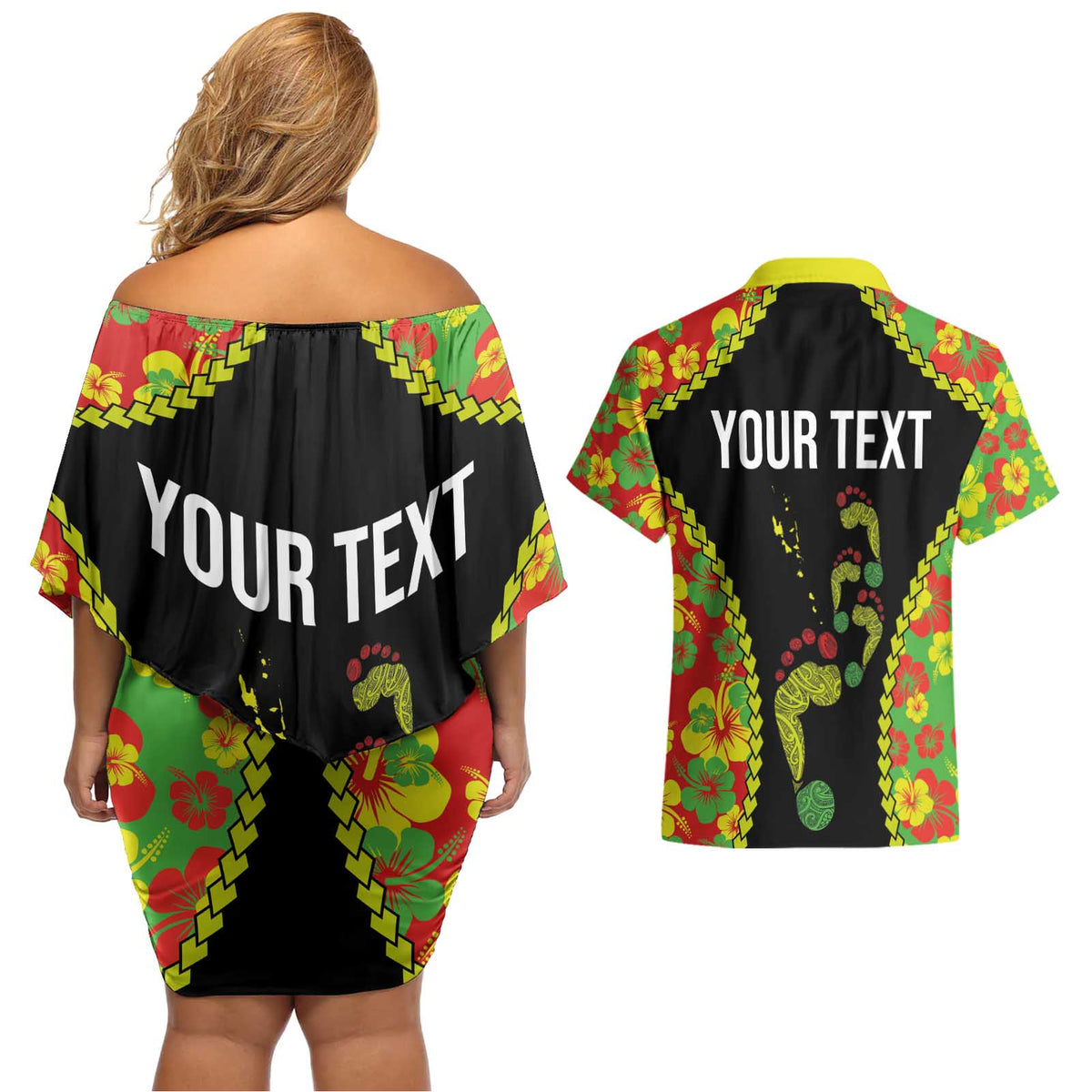 Personalised Vanuatu Running Couples Matching Off Shoulder Short Dress and Hawaiian Shirt Footprint and Hibiscus Polynesian Style