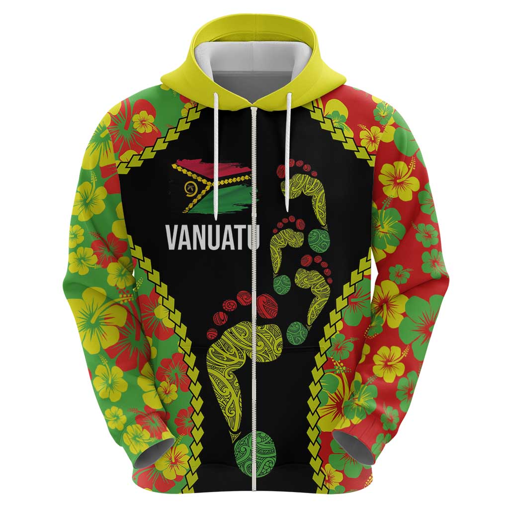 Personalised Vanuatu Running Zip Hoodie Footprint and Hibiscus Polynesian Style