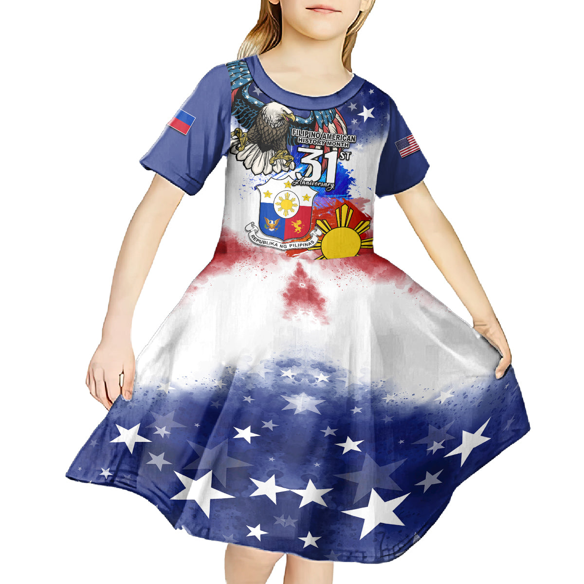 Filipino American History Month Kid Short Sleeve Dress Filipino Coat Of Arms and American Eagle Splash Style LT03 - Polynesian Pride