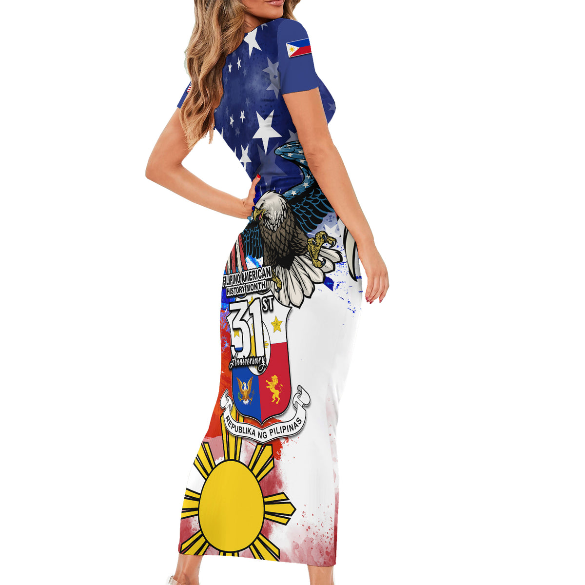 Filipino American History Month Short Sleeve Bodycon Dress Filipino Coat Of Arms and American Eagle Splash Style LT03 - Polynesian Pride