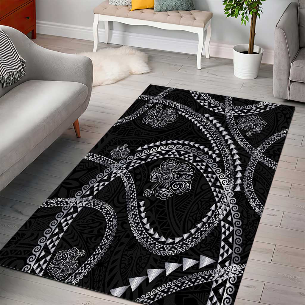 Hawaiian Kakau Art and Hisbiscus Tattoo Area Rug Tribal Pattern-Silver Style - Polynesian Pride