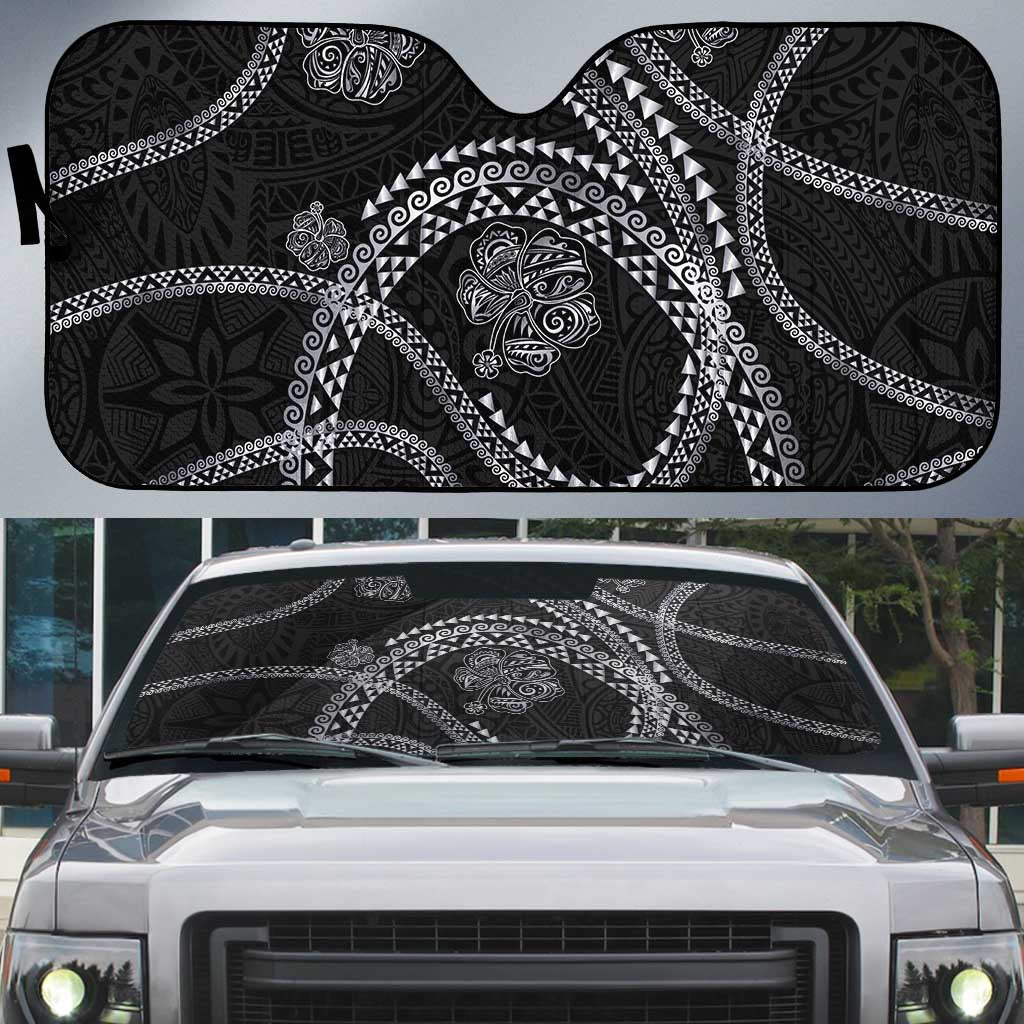 Hawaiian Kakau Art and Hisbiscus Tattoo Auto Sun Shade Tribal Pattern-Silver Style - Polynesian Pride