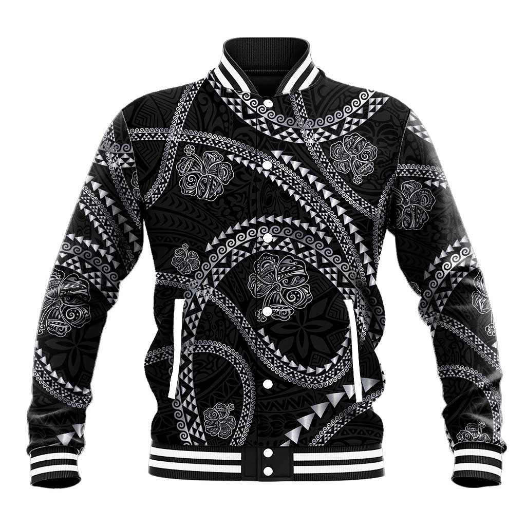 Hawaiian Kakau Art and Hisbiscus Tattoo Baseball Jacket Tribal Pattern-Silver Style LT03 Unisex Black - Polynesian Pride