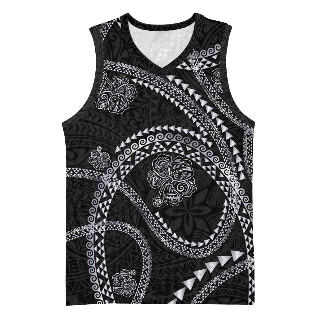 Hawaiian Kakau Art and Hisbiscus Tattoo Basketball Jersey Tribal Pattern-Silver Style LT03 Unisex Black - Polynesian Pride