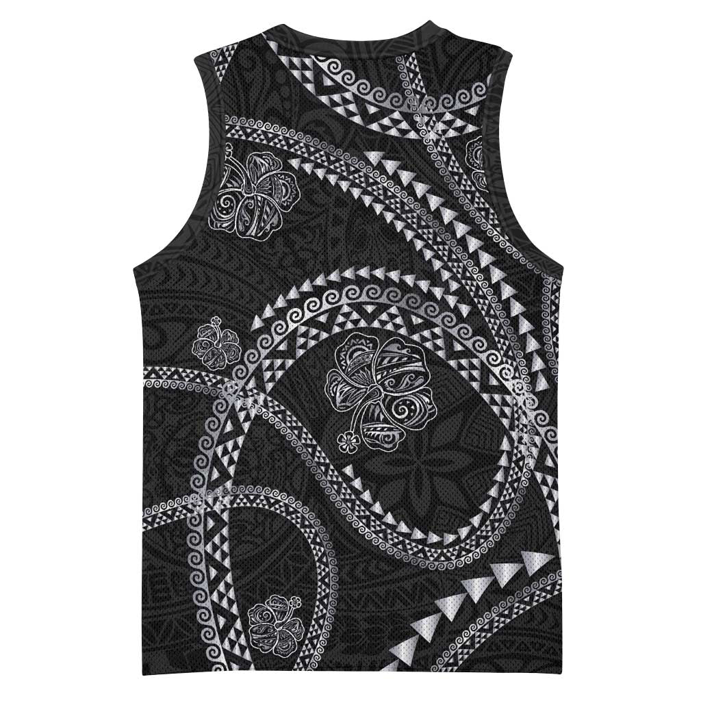 Hawaiian Kakau Art and Hisbiscus Tattoo Basketball Jersey Tribal Pattern-Silver Style - Polynesian Pride