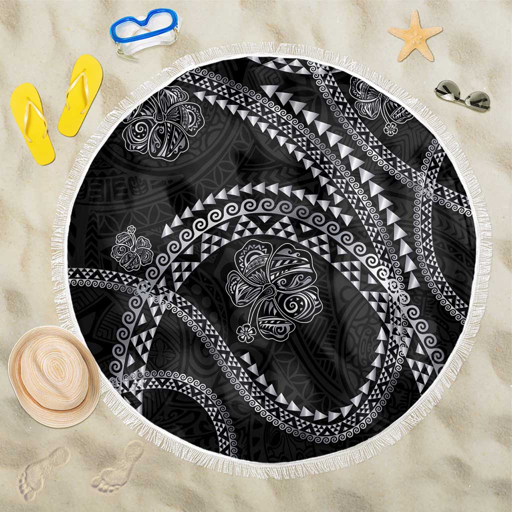 Hawaiian Kakau Art and Hisbiscus Tattoo Beach Blanket Tribal Pattern-Silver Style LT03 One Size 150cm Black - Polynesian Pride