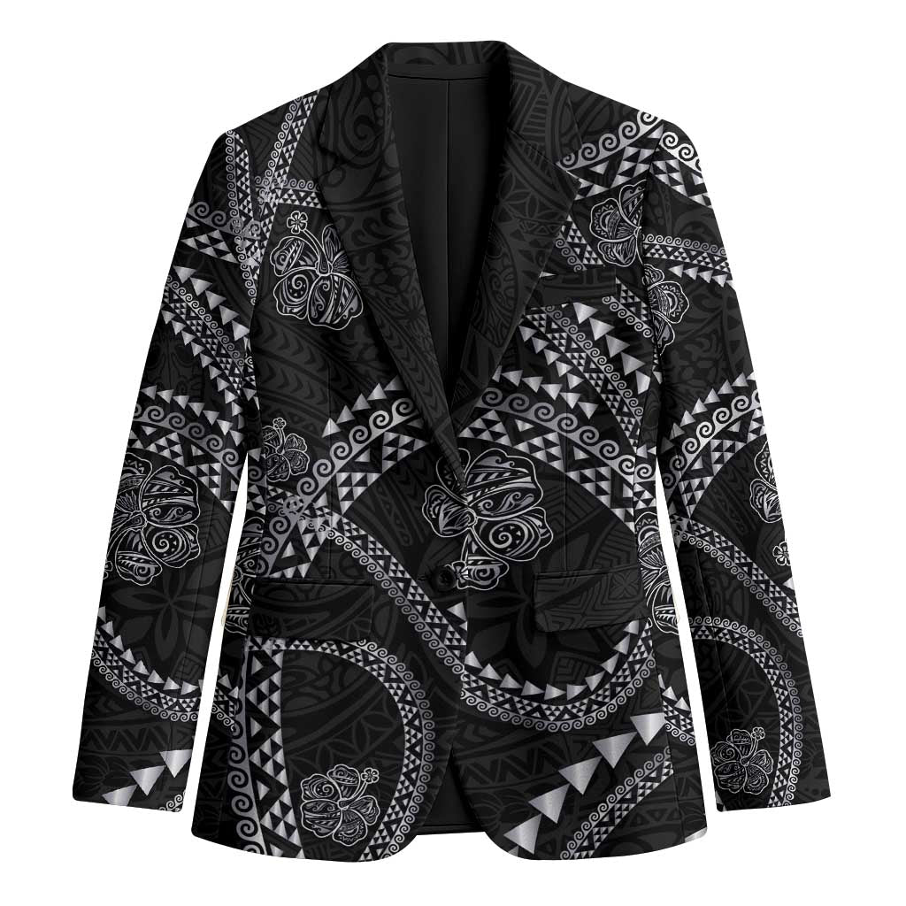 Hawaiian Kakau Art and Hisbiscus Tattoo Blazer Tribal Pattern-Silver Style LT03 Unisex Black - Polynesian Pride