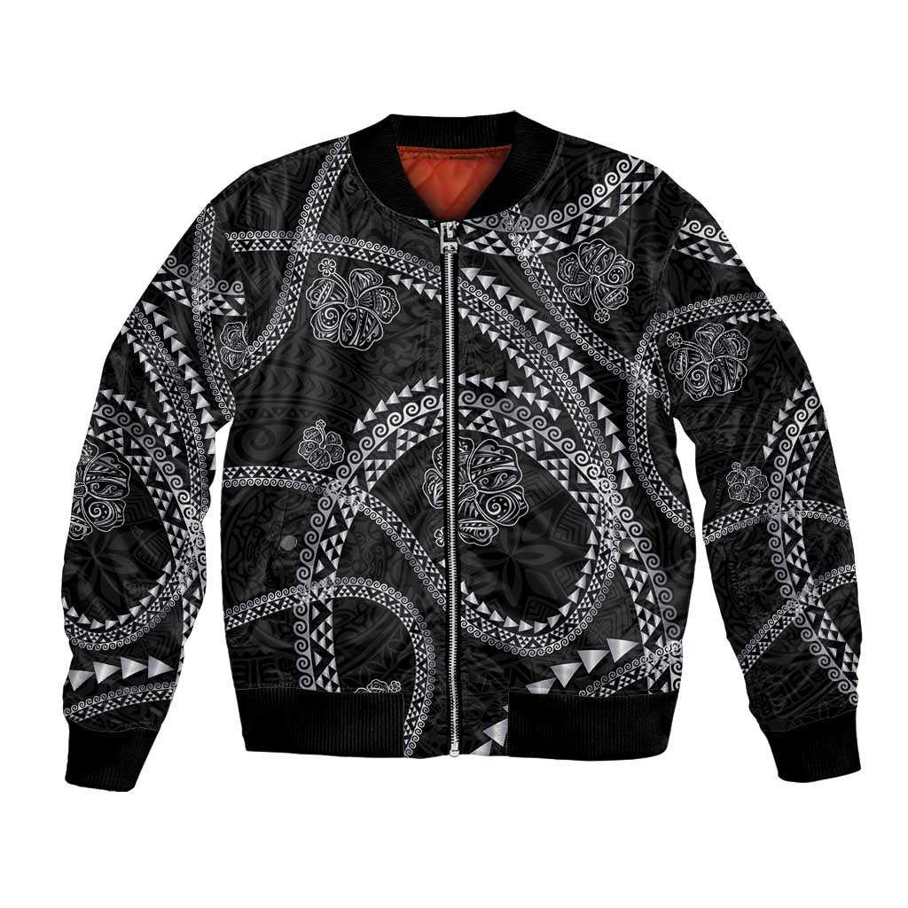 Hawaiian Kakau Art and Hisbiscus Tattoo Bomber Jacket Tribal Pattern-Silver Style LT03 Unisex Black - Polynesian Pride