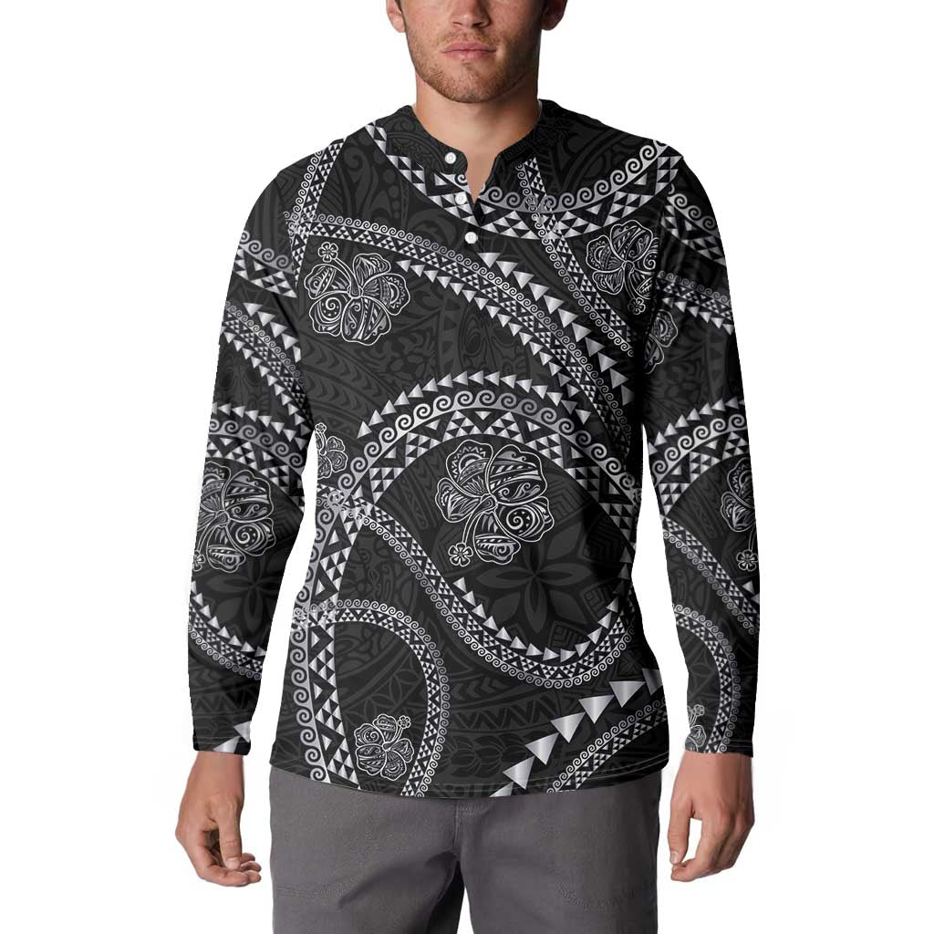 Hawaiian Kakau Art and Hisbiscus Tattoo Button Sweatshirt Tribal Pattern-Silver Style - Polynesian Pride