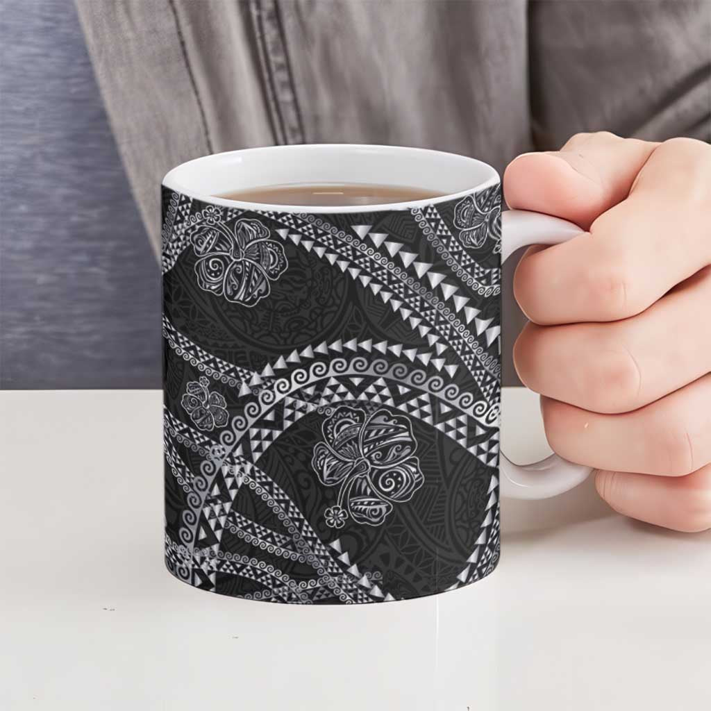 Hawaiian Kakau Art and Hisbiscus Tattoo Ceramic Mug Tribal Pattern-Silver Style - Polynesian Pride