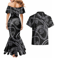 Hawaiian Kakau Art and Hisbiscus Tattoo Couples Matching Mermaid Dress and Hawaiian Shirt Tribal Pattern-Silver Style - Polynesian Pride