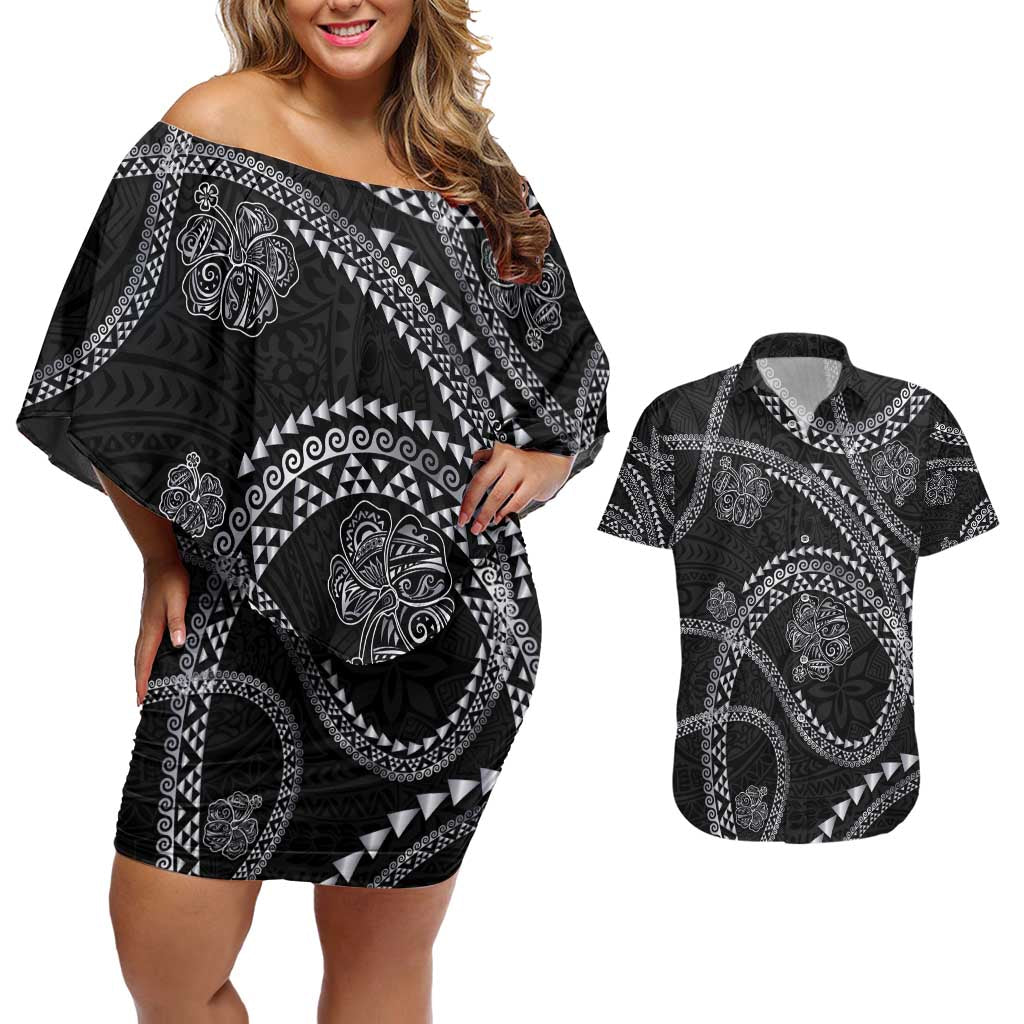 Hawaiian Kakau Art and Hisbiscus Tattoo Couples Matching Off Shoulder Short Dress and Hawaiian Shirt Tribal Pattern-Silver Style - Polynesian Pride