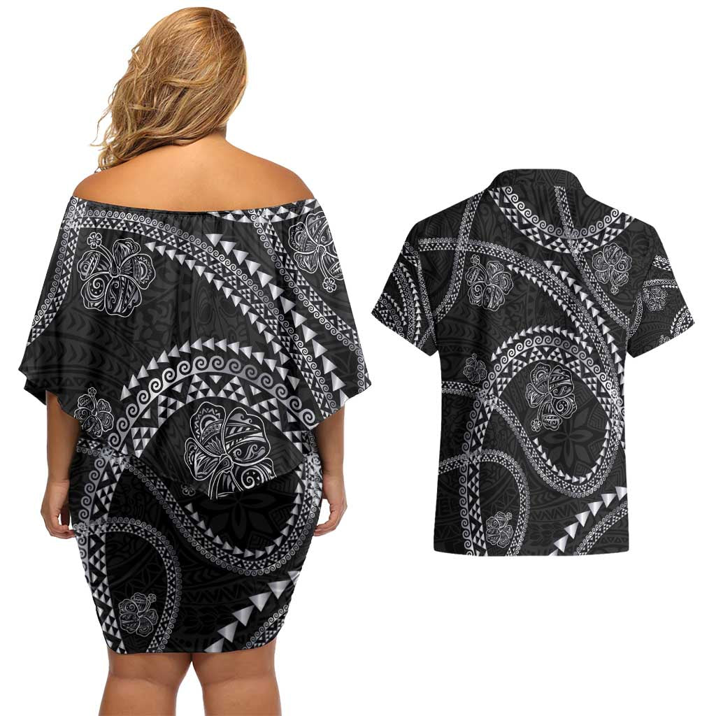 Hawaiian Kakau Art and Hisbiscus Tattoo Couples Matching Off Shoulder Short Dress and Hawaiian Shirt Tribal Pattern-Silver Style - Polynesian Pride