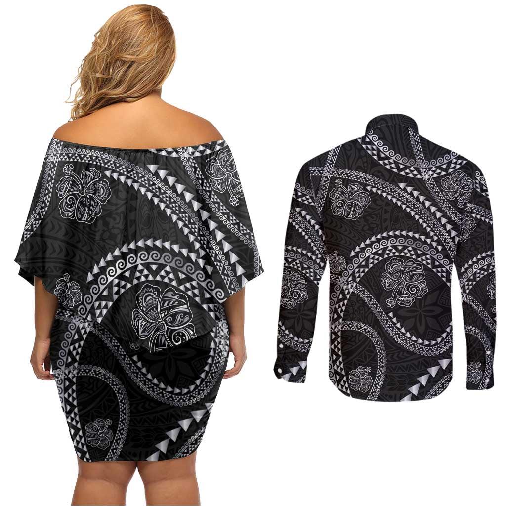 Hawaiian Kakau Art and Hisbiscus Tattoo Couples Matching Off Shoulder Short Dress and Long Sleeve Button Shirt Tribal Pattern-Silver Style - Polynesian Pride