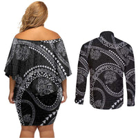 Hawaiian Kakau Art and Hisbiscus Tattoo Couples Matching Off Shoulder Short Dress and Long Sleeve Button Shirt Tribal Pattern-Silver Style - Polynesian Pride
