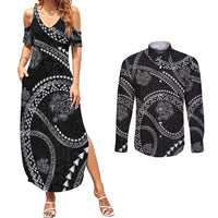 Hawaiian Kakau Art and Hisbiscus Tattoo Couples Matching Summer Maxi Dress and Long Sleeve Button Shirt Tribal Pattern-Silver Style - Polynesian Pride