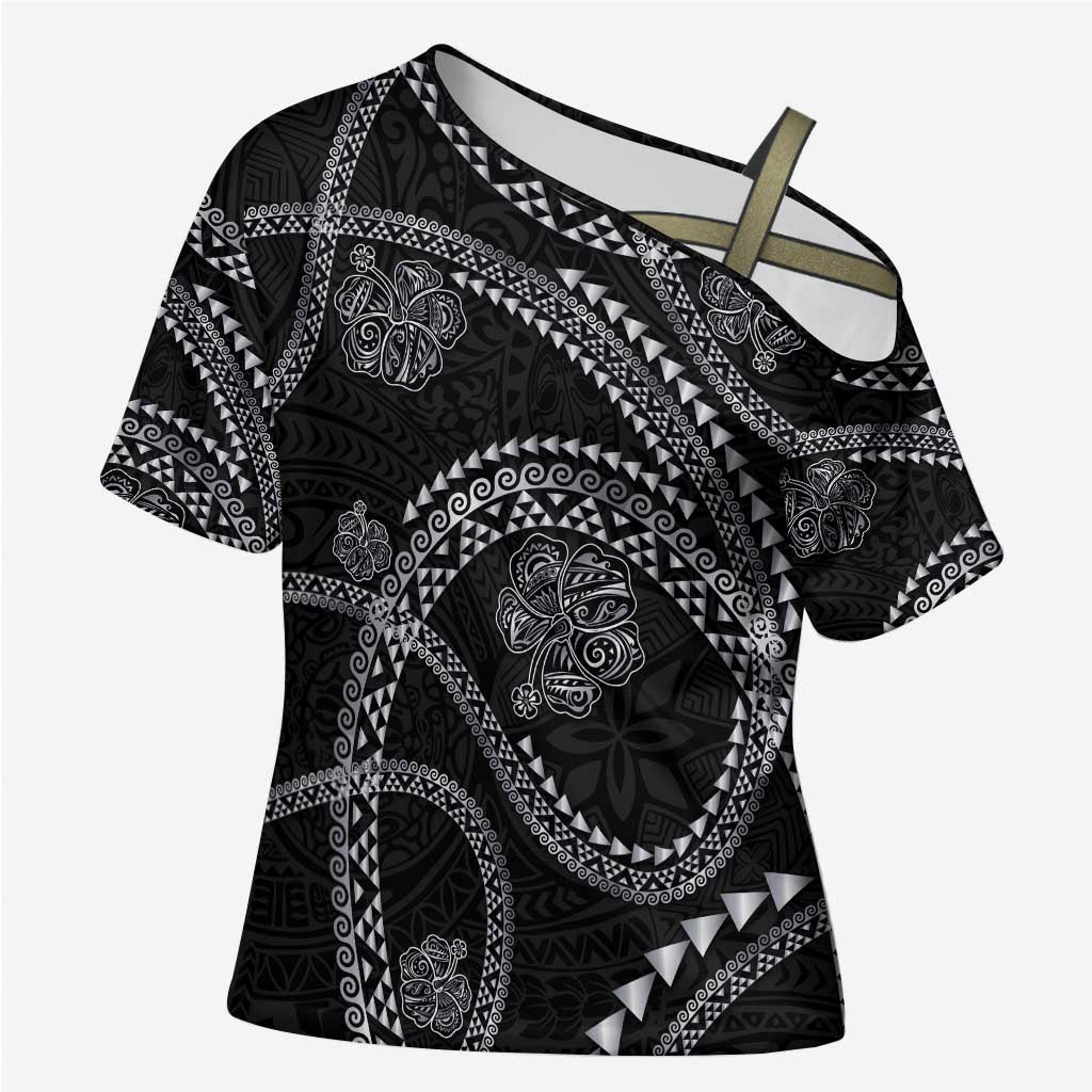 Hawaiian Kakau Art and Hisbiscus Tattoo Cross Shoulder Shirt Tribal Pattern-Silver Style LT03 Female Black - Polynesian Pride