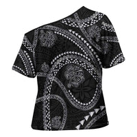 Hawaiian Kakau Art and Hisbiscus Tattoo Cross Shoulder Shirt Tribal Pattern-Silver Style - Polynesian Pride