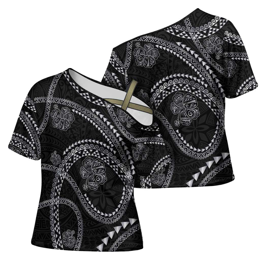 Hawaiian Kakau Art and Hisbiscus Tattoo Cross Shoulder Shirt Tribal Pattern-Silver Style - Polynesian Pride