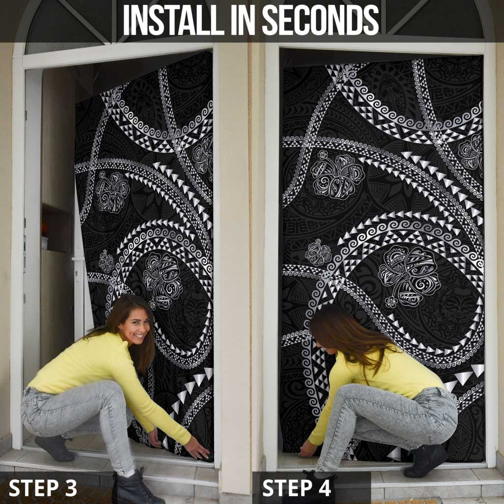 Hawaiian Kakau Art and Hisbiscus Tattoo Door Cover Tribal Pattern-Silver Style - Polynesian Pride