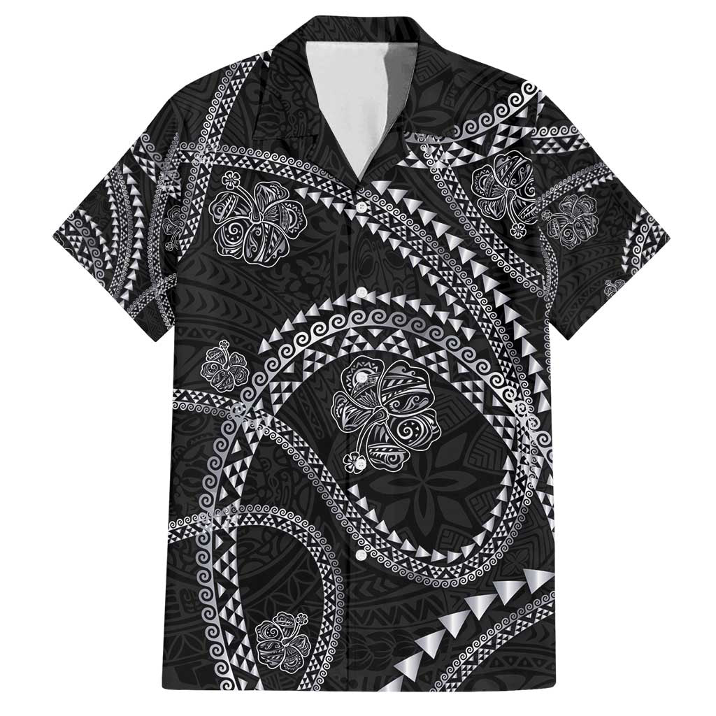 Hawaiian Kakau Art and Hisbiscus Tattoo Family Matching Long Sleeve Bodycon Dress and Hawaiian Shirt Tribal Pattern-Silver Style - Polynesian Pride