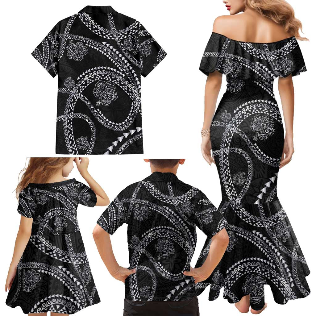 Hawaiian Kakau Art and Hisbiscus Tattoo Family Matching Mermaid Dress and Hawaiian Shirt Tribal Pattern-Silver Style - Polynesian Pride