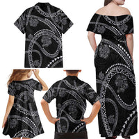 Hawaiian Kakau Art and Hisbiscus Tattoo Family Matching Off Shoulder Maxi Dress and Hawaiian Shirt Tribal Pattern-Silver Style - Polynesian Pride
