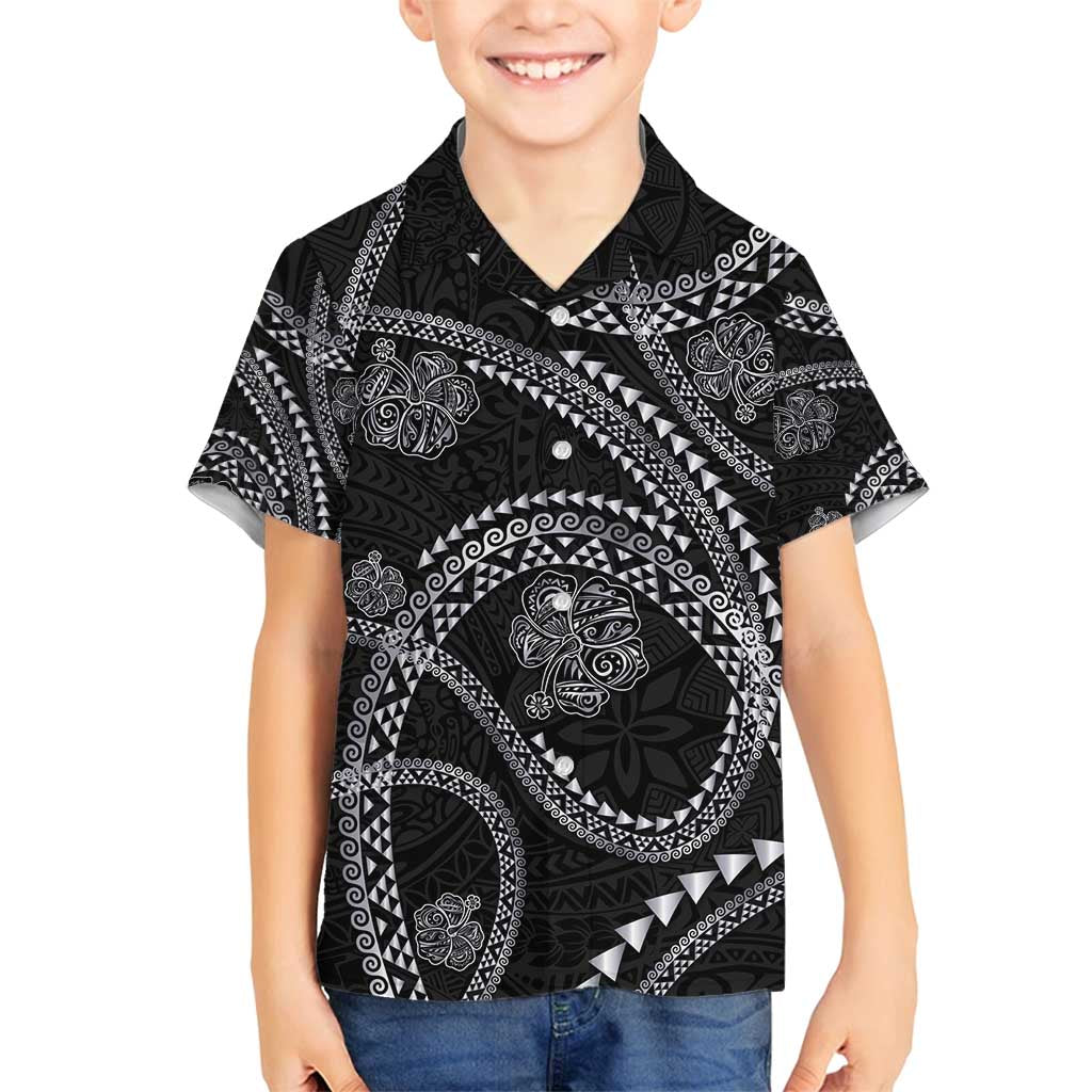 Hawaiian Kakau Art and Hisbiscus Tattoo Family Matching Off Shoulder Maxi Dress and Hawaiian Shirt Tribal Pattern-Silver Style - Polynesian Pride