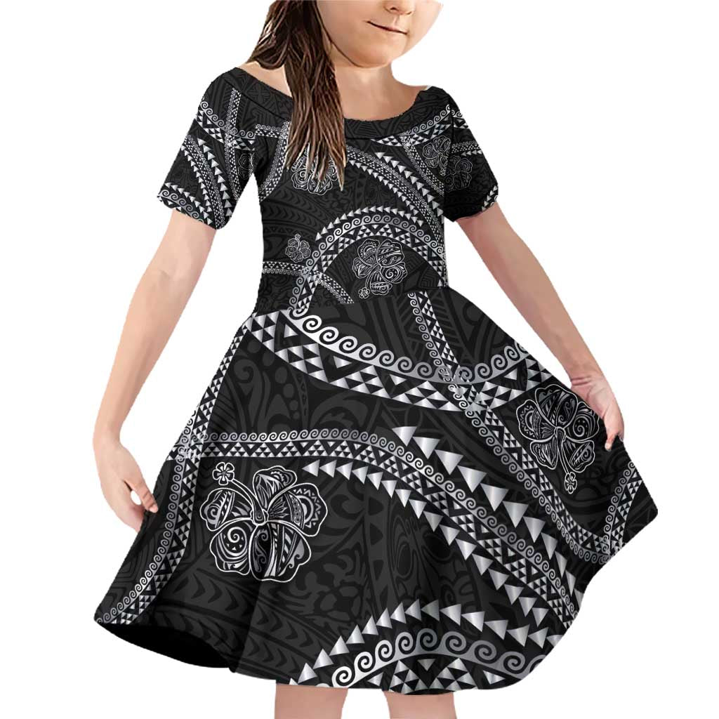 Hawaiian Kakau Art and Hisbiscus Tattoo Family Matching Off Shoulder Short Dress and Hawaiian Shirt Tribal Pattern-Silver Style - Polynesian Pride