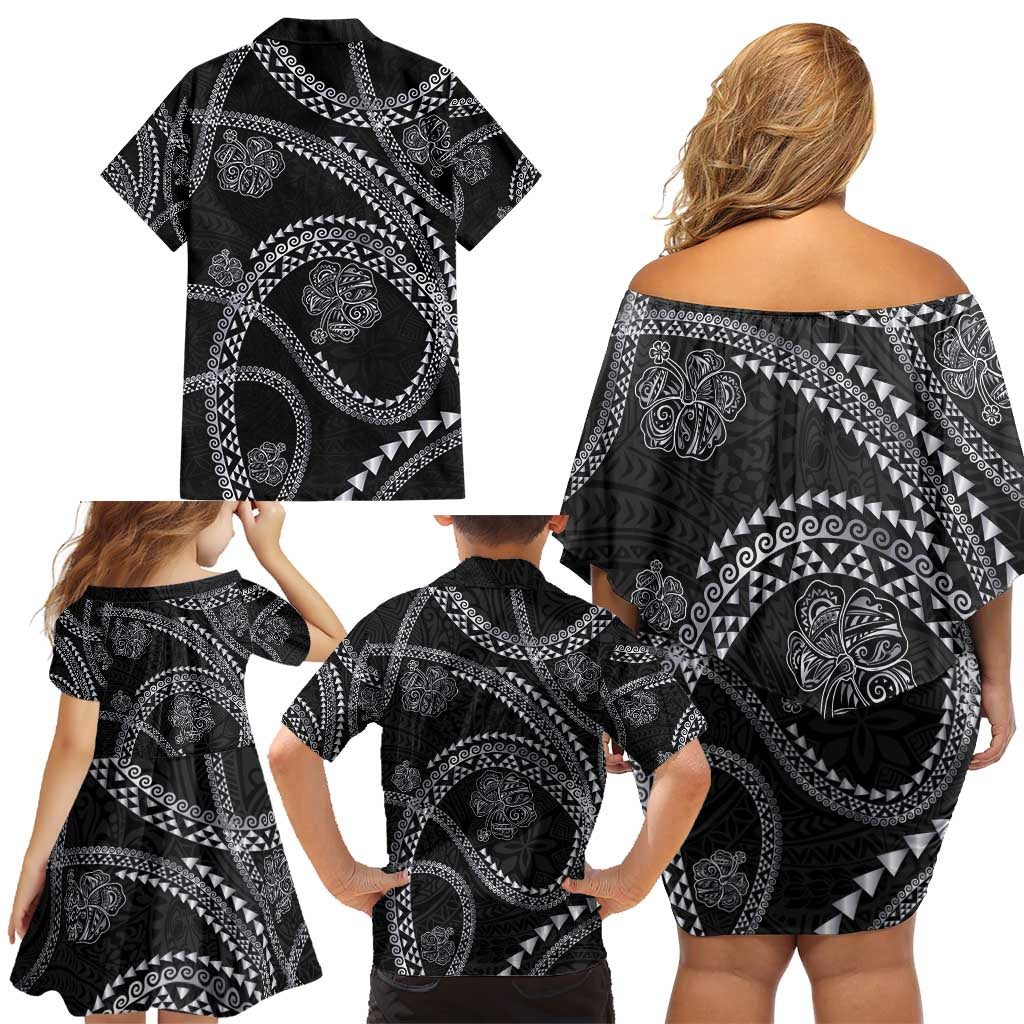 Hawaiian Kakau Art and Hisbiscus Tattoo Family Matching Off Shoulder Short Dress and Hawaiian Shirt Tribal Pattern-Silver Style - Polynesian Pride