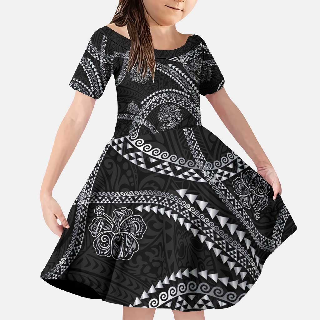 Hawaiian Kakau Art and Hisbiscus Tattoo Family Matching Summer Maxi Dress and Hawaiian Shirt Tribal Pattern-Silver Style - Polynesian Pride