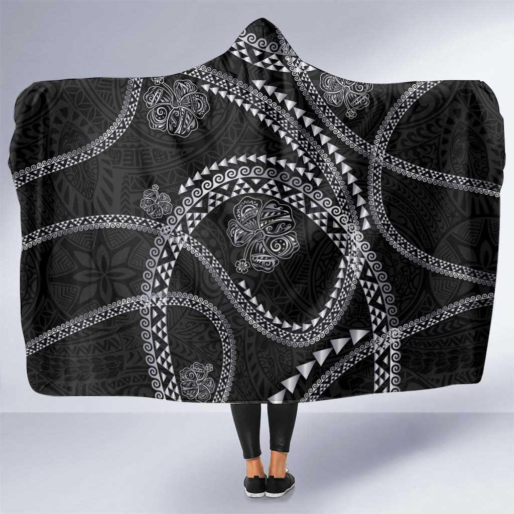 Hawaiian Kakau Art and Hisbiscus Tattoo Hooded Blanket Tribal Pattern-Silver Style LT03 One Size Black - Polynesian Pride