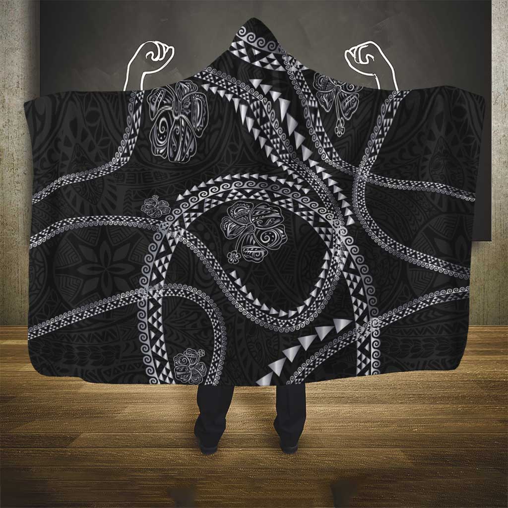 Hawaiian Kakau Art and Hisbiscus Tattoo Hooded Blanket Tribal Pattern-Silver Style - Polynesian Pride